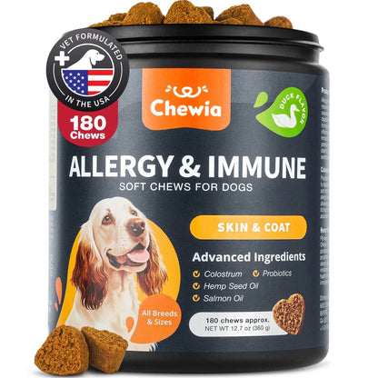 Chewia allergy and immune soft chews for dogs packaging on a white background