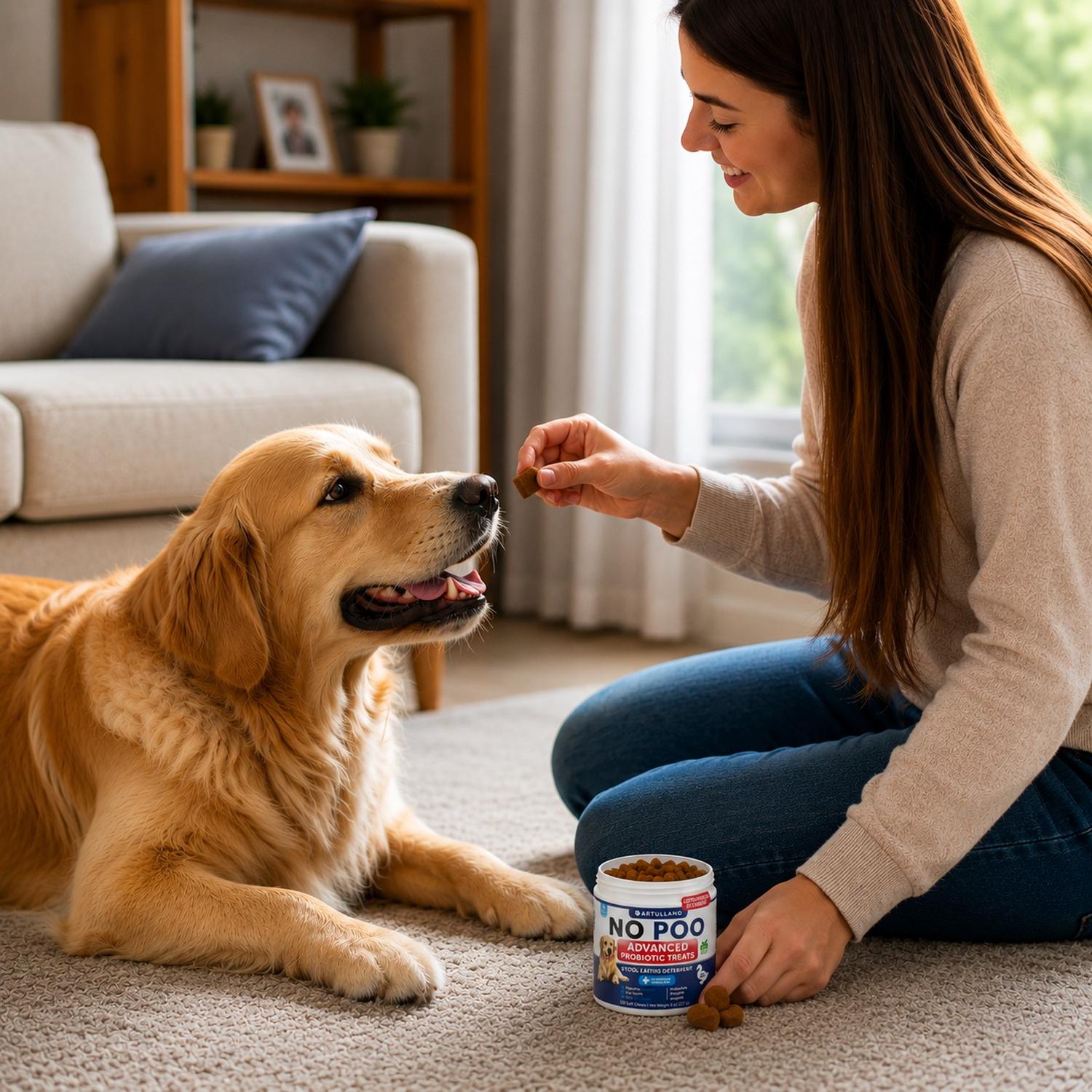 Dog owner giving a probiotic soft chew to a dog indoors as part of a daily digestive wellness routine.