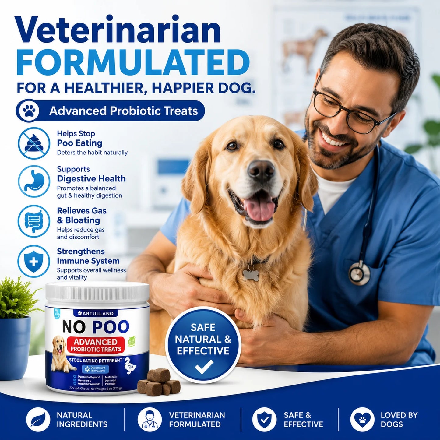 Dog probiotic soft chews for digestive support and stool-eating behavior management.